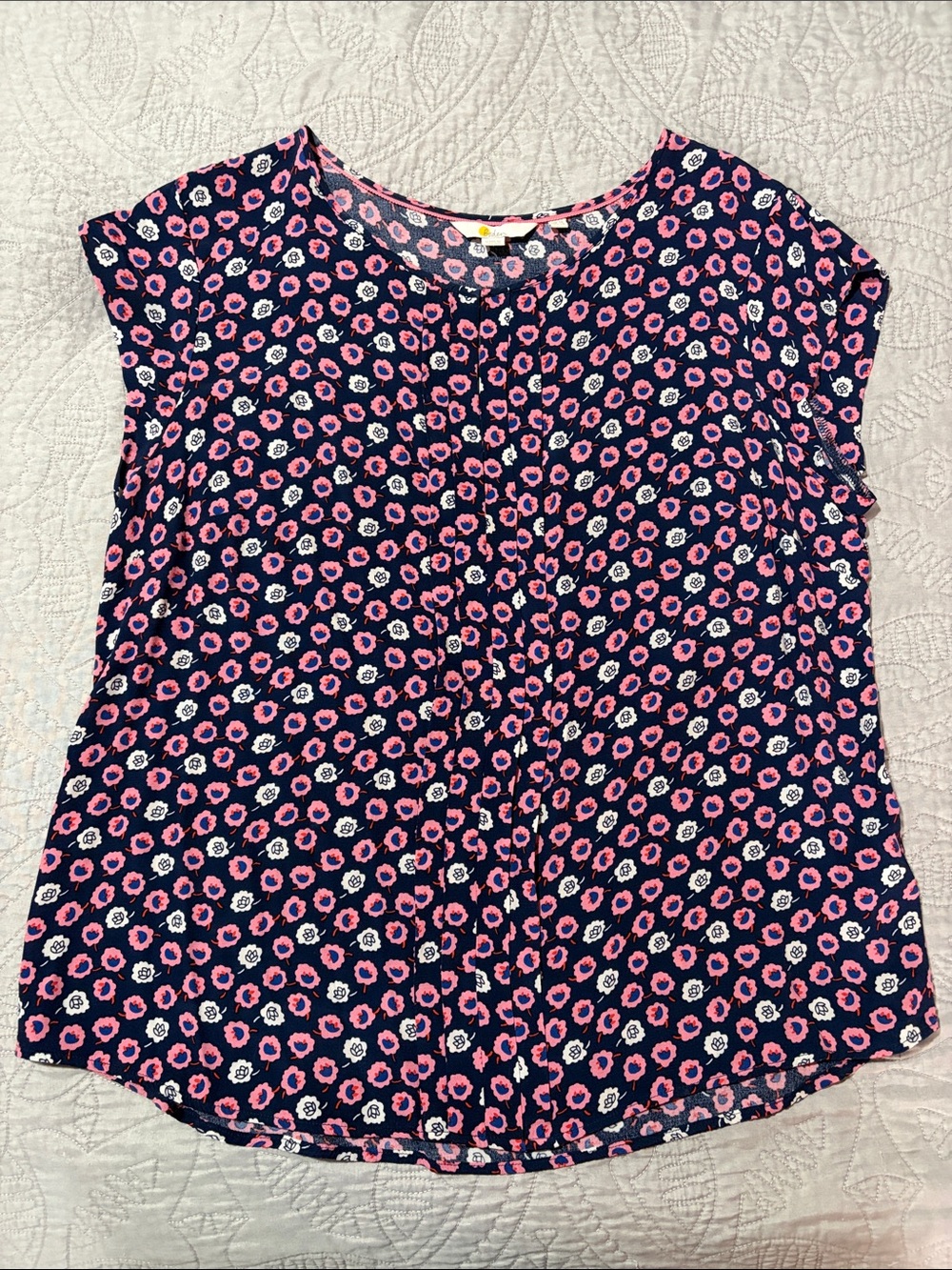 Boden Navy Cap-Sleeve Blouse with Pink, Blue, and White Floral Print, sz 12